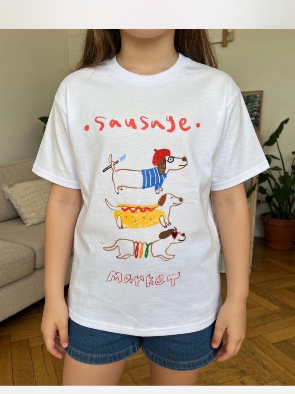 White 'Sausage Market' Graphic Tee with  Dachshund doodle